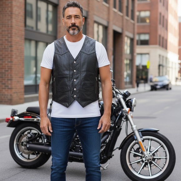 Gold Panel Black Mens Genuine Leather Motorcycle Vest 2XL Premium Leather New - Picture 7 of 13